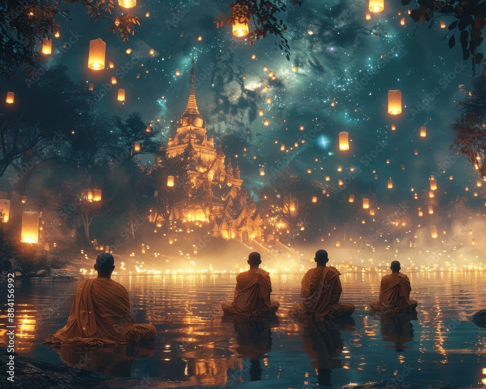 Create a surrealistic painting of an ancient temple with monks praying and floating lanterns filling the night sky. Create a surrealistic painting of an ancient temple with monks praying and floating lanterns filling the night sky.