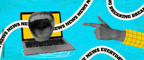 Everyday news retro vintage banner with halftone collage laptop, open mouth and  hand pointing to computer on light blue background. Wrinkled paper effect. Advertising and promotional elements.