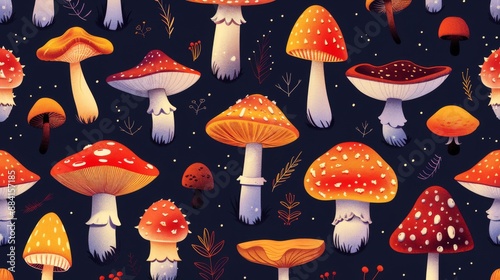 Seamless pattern with various types of mushrooms on dark blue background