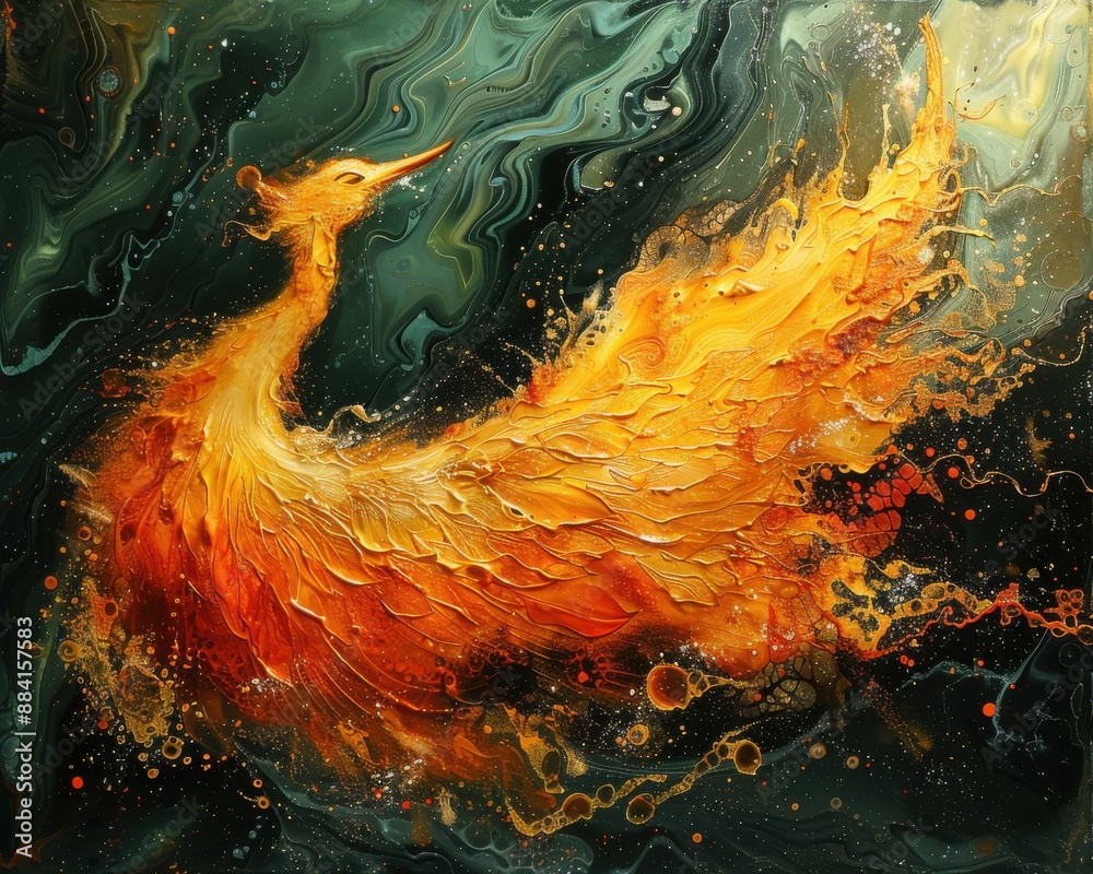 Create a surrealistic painting of a phoenix rising from the ashes ...