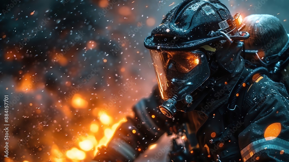 Fototapeta premium Brave firefighter in action, tackling an intense blaze amidst flying embers and smoke. Firefighting equipment and protective gear in use.