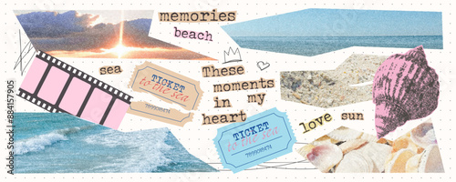 Vintage elements for collage and scrapbooking. Photo clippings of sea, sky, beach. Torn ticket to the sea and photographic film. Retro collage with memories.