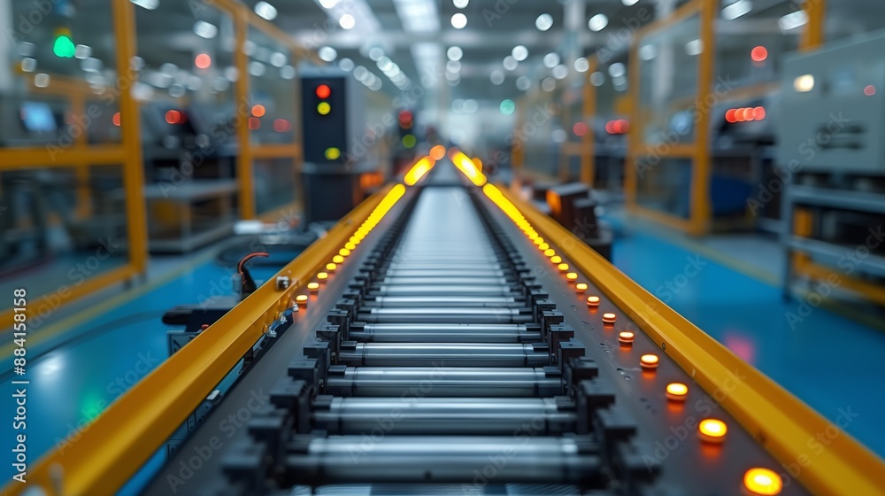 Automated Conveyor System with LED Indicators. Automated conveyor system in a modern factory, featuring LED indicators for efficient workflow and streamlined production. Automated Conveyor System with LED Indicators. Automated conveyor system in a modern factory, featuring LED indicators for efficient workflow and streamlined production.