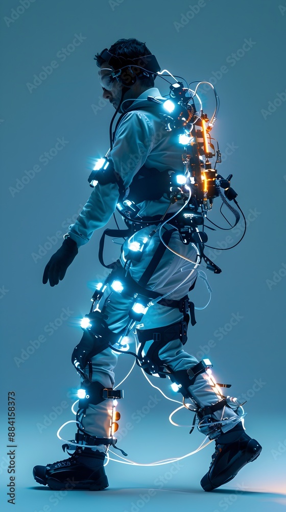 Naklejka premium Futuristic Wearable Exoskeleton with Holographic Health Monitoring for Enhanced Personal Mobility