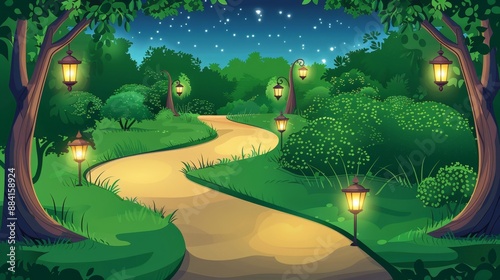 Enchanted Nighttime Path with Glowing Lanterns in Magical Forest