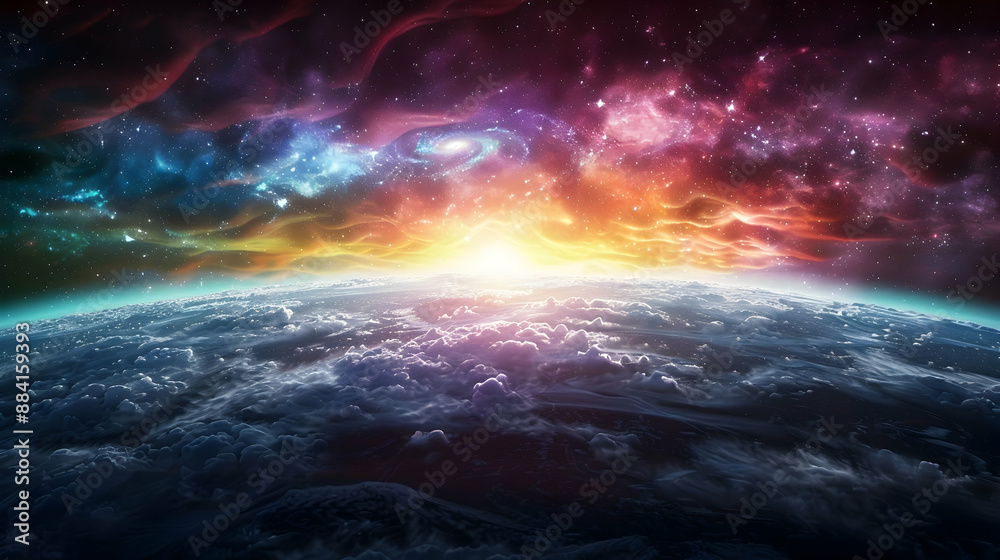 Fototapeta premium A solar planet with a stunning view of a nearby quasar, creating a colorful and mesmerizing sky 