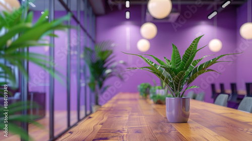 Purple Office Interior with Plant and Table.