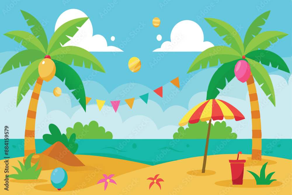 Obraz premium Tropical birthday backdrop with palm trees illustration