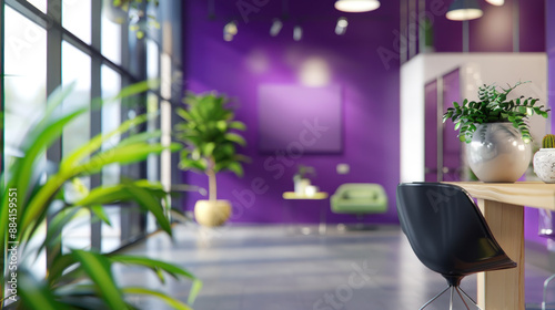 Modern Purple Office Interior with Green Plants.