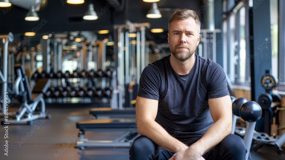 Athletic Man Resting at Gym: Fitness, Health, and Workout Lifestyle Athletic Man Resting at Gym: Fitness, Health, and Workout Lifestyle