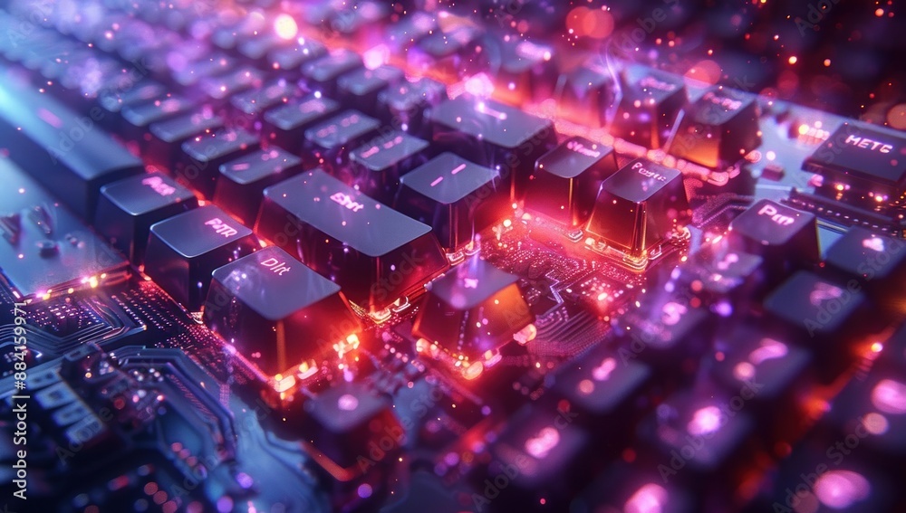 Glowing Keyboard Keys with a Circuit Board Background Glowing Keyboard Keys with a Circuit Board Background