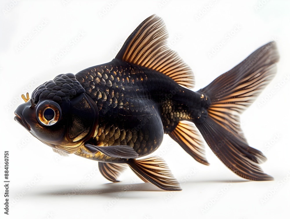 Fototapeta premium A Captivating Black Moor Goldfish with Distinctive Telescopic Eyes Against a Stark White Background