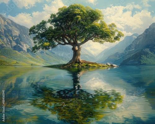 Create a surrealistic painting of a tree that grows in the middle of a lake, with roots that reach deep into the water and branches that touch the sky.