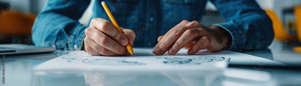 Person in denim shirt sketching on paper with pencil at a desk, emphasizing creativity and design. Person in denim shirt sketching on paper with pencil at a desk, emphasizing creativity and design.