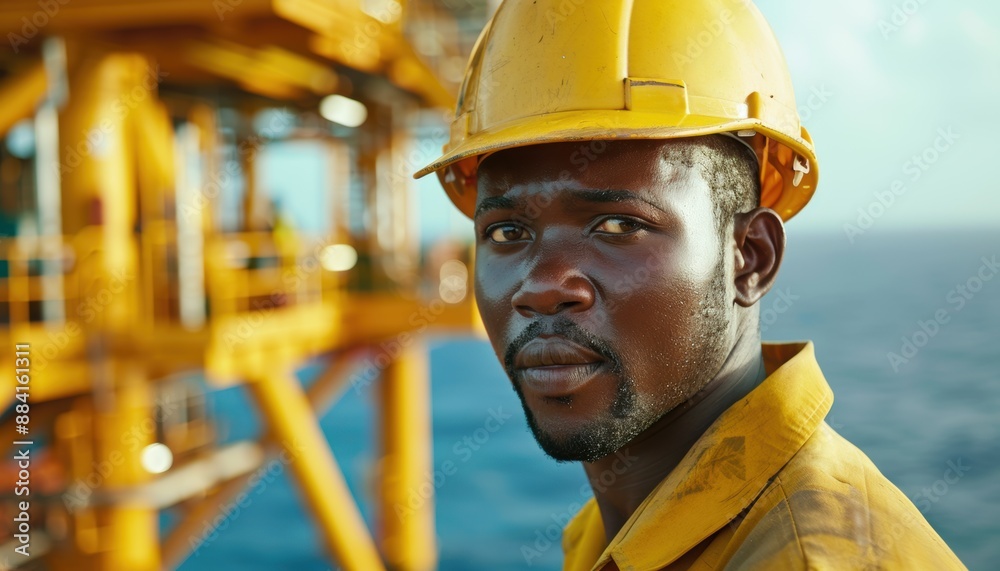 Offshore Oil Rig Worker in Yellow Helmet. Worker's day, Labour Day.
Offshore Oil Rig Worker in Yellow Helmet. Worker's day, Labour Day.
