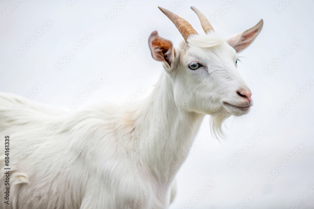 the beside view Saanen Goat standing, left side view, white copy space on right isolated on white background the beside view Saanen Goat standing, left side view, white copy space on right isolated on white background