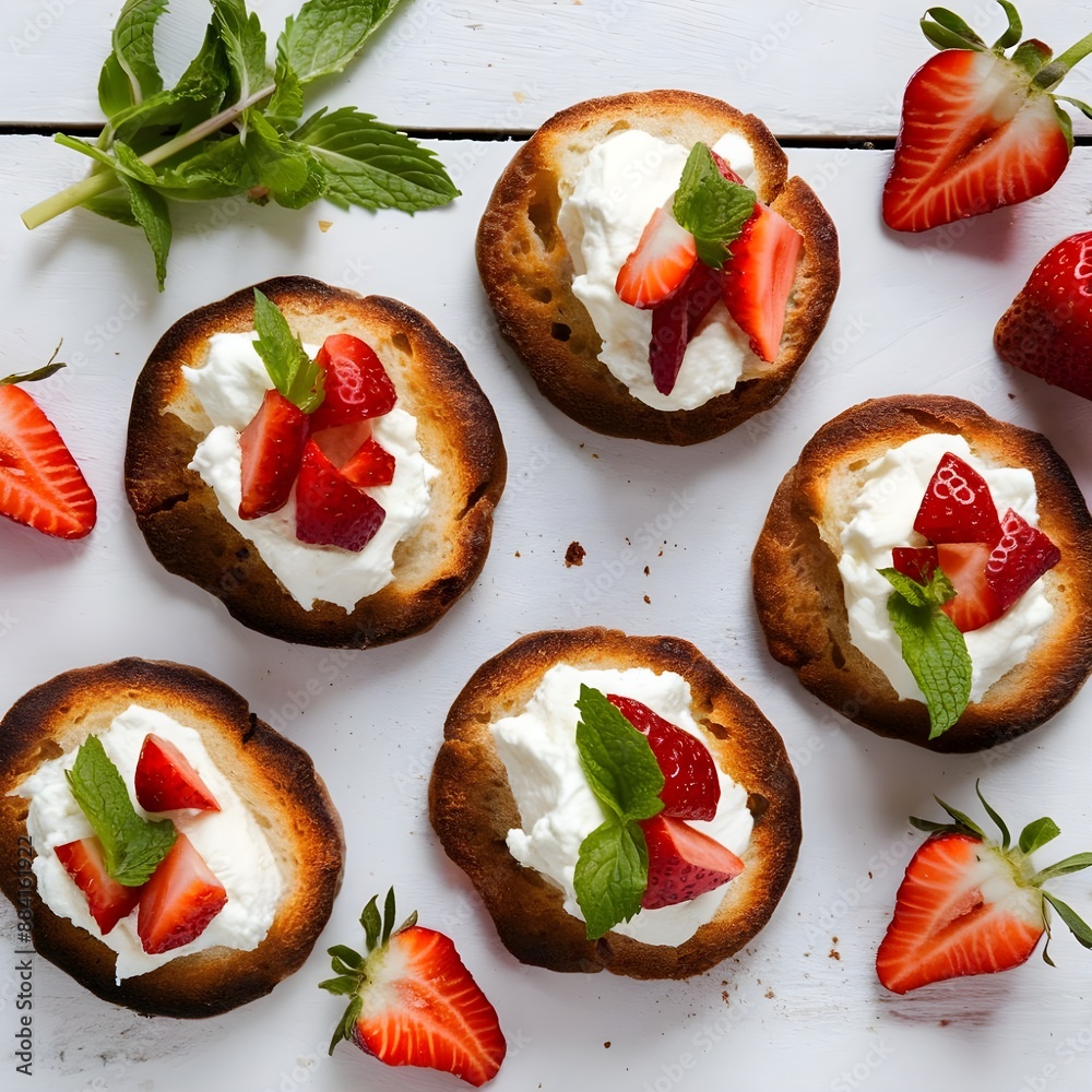 Prawn crackers topped with chopped strawberries, mint, and ricotta cheese on a white wooden surface
Prawn crackers topped with chopped strawberries, mint, and ricotta cheese on a white wooden surface