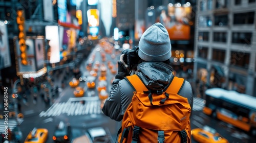 Person in an orange backpack photographing a busy urban street filled with yellow taxis and vibrant city lights.