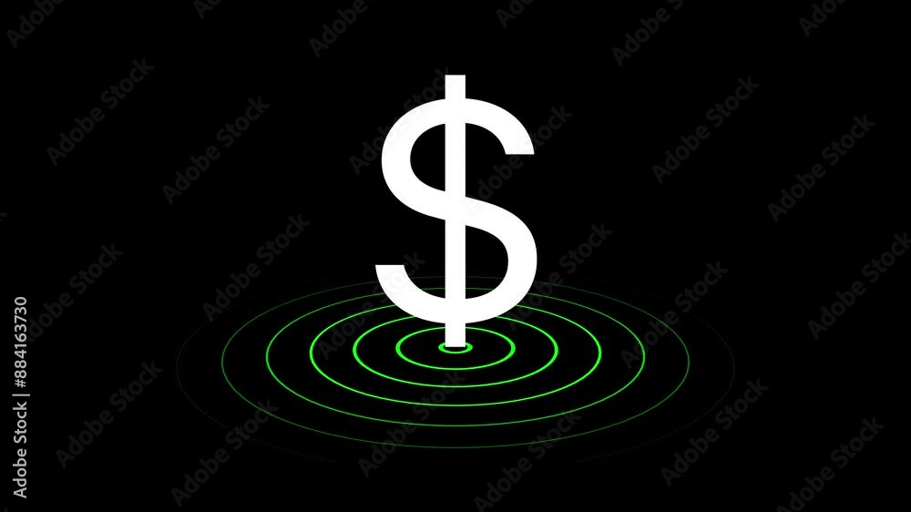 Radio waves signal with dollar icon animation on black background.