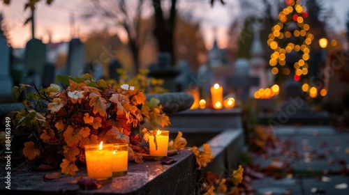 Candles in Cemetery at Sunset