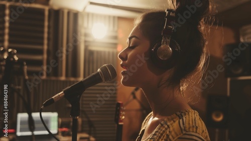 Woman singing into a microphone in a studio photo