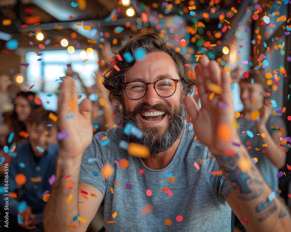 Obraz premium Create a high-quality photograph of a startup team celebrating a success, with confetti and high-fives in a vibrant office space.