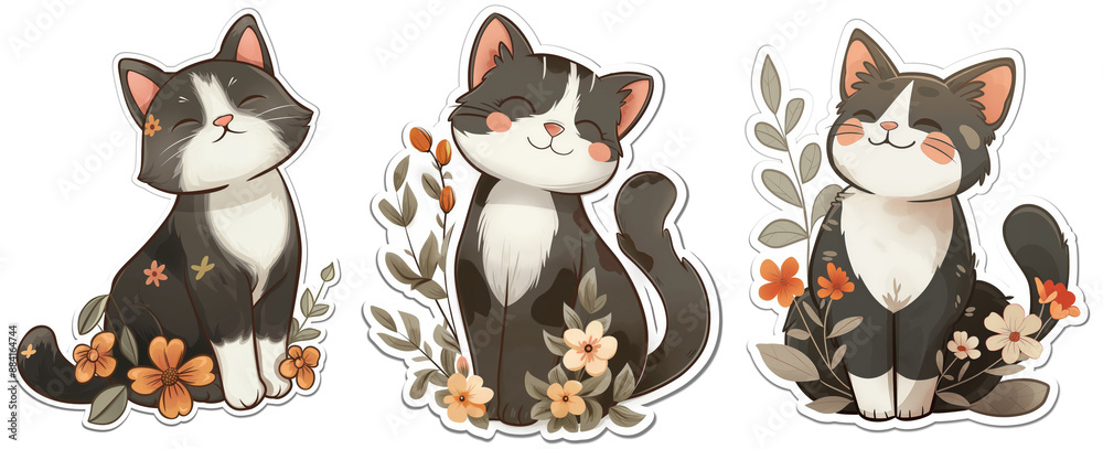 Obraz premium cute lovely cartoon cat smiling sitting in flower blossom garden sticker illustration, spring and summer collection set, PNG die cut isolated transparent background