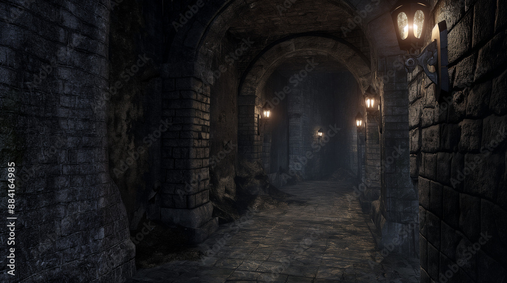 Dungeon dark stone walls with torches Dungeon dark stone walls with torches