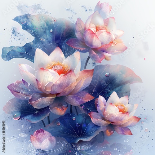 Delicate pink and white water lilies bloom with large green leaves, reflecting light on the water's surface.