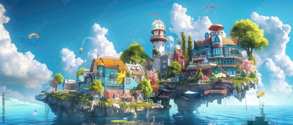 Skybound Sanctuary, colorful and exotic floating island with modern manor and stylized lighthouse, a peaceful and enchanting atmosphere Skybound Sanctuary, colorful and exotic floating island with modern manor and stylized lighthouse, a peaceful and enchanting atmosphere