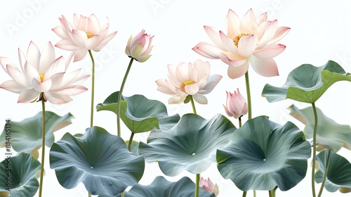 Delicate pink lotus flowers and green leaves against a white background. lotus vector