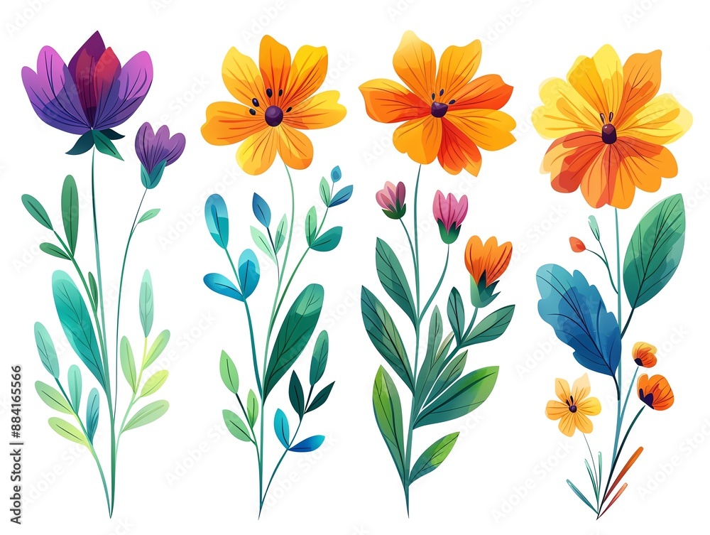 Obraz premium Set of colorful flowers and leaves isolated on white background. Watercolor style. Perfect for design, print, and illustration. flower vector