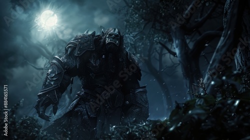 Menacing orc in dark forest of moonlight shadows - wide shot