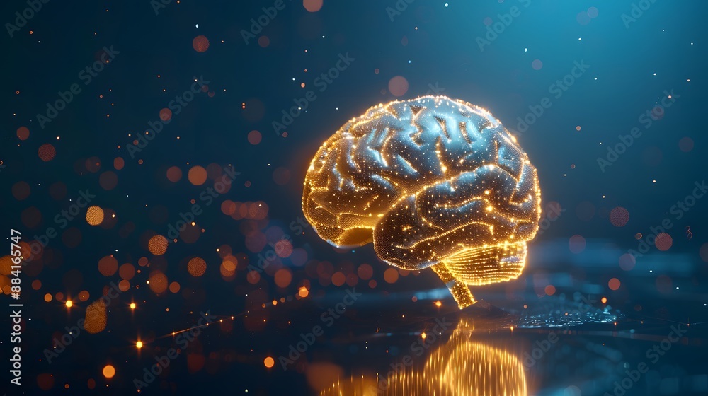 Gold high-tech digital brain on blue background. 3D rendering Gold high-tech digital brain on blue background. 3D rendering