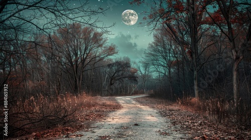 Enigmatic Moonlit Path Through Autumn Forest at Night