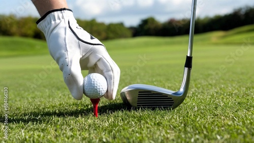 Golfer Placing Ball on Tee with Iron Club