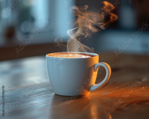 Create a high-quality photograph of a white coffee cup on a clean, uncluttered table, with steam rising. photo