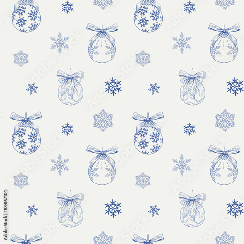 Toile art Christmas Vintage seamless pattern with toys, bows, snowflakes. Blue beige Hand drawn. Monochrome vector background for design package, holiday, paper, decor new year