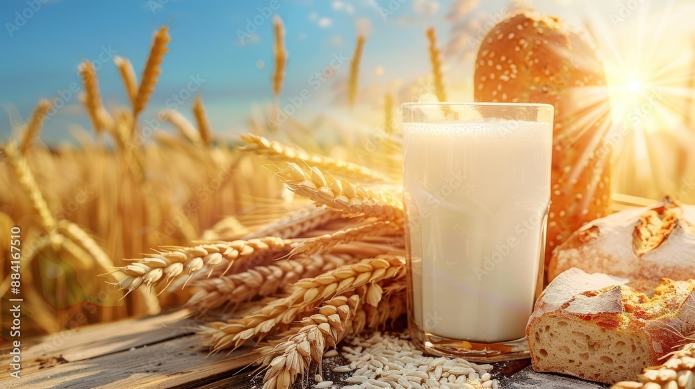 Glass of Milk with Bread and Wheat Field