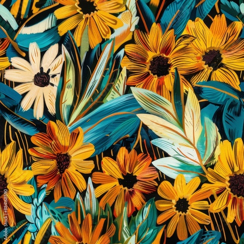 Vibrant Floral Pattern with Tropical Leaves and Bold Sunflowers