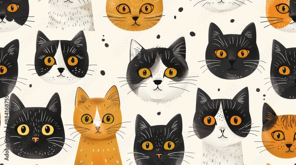 Seamless pattern with cute hand drawn cat faces on light background Seamless pattern with cute hand drawn cat faces on light background
