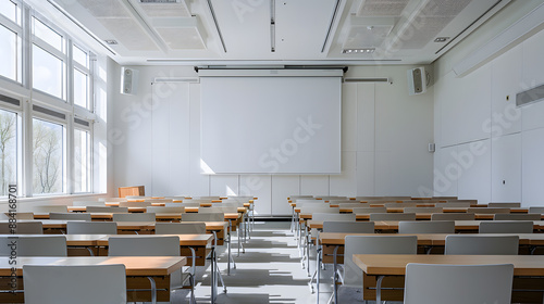 A classroom with a projector screen and empty chairs