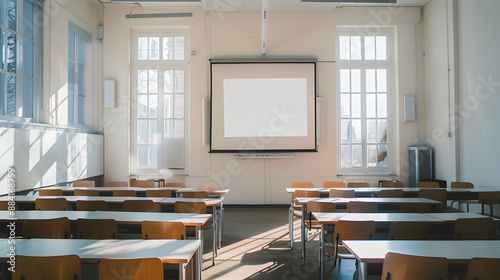 A classroom with a projector screen and empty chairs