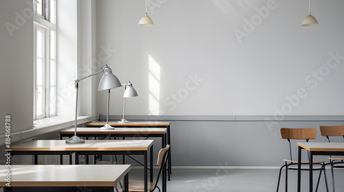 A classroom with white walls and a white board