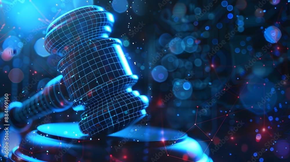 Technological blue digital gavel surrounded by digital data on blue bokeh background, representing the role of artificial intelligence in business justice. judge hammer Technological blue digital gavel surrounded by digital data on blue bokeh background, representing the role of artificial intelligence in business justice. judge hammer