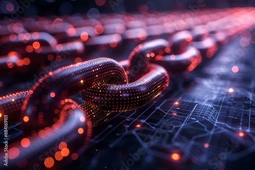 Chain links on digital background, symbolizing connection and technology.