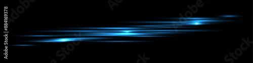 Blue light beams with flash effect. Abstract dynamic realistic vector illustration isolated on black background. Concept of conveying speed, motion, energy in modern design illustration.