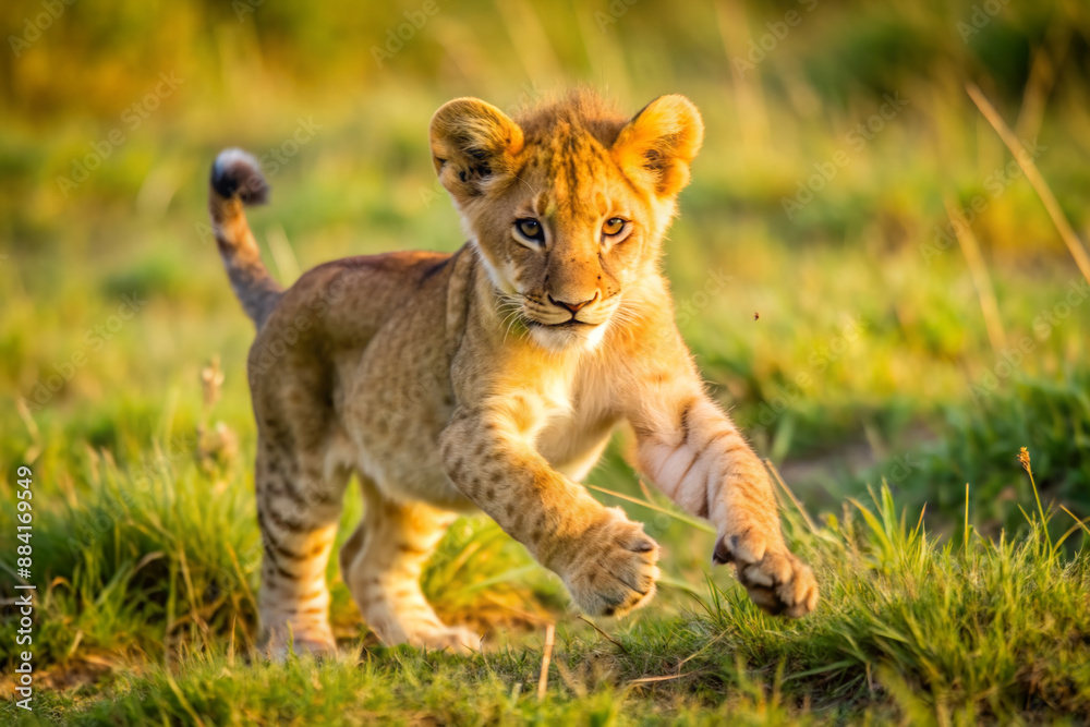 Obraz premium Adorable lion cub frolics and tumbles in lush green grass on a warm golden savannah, its playful energy and curiosity on full display.