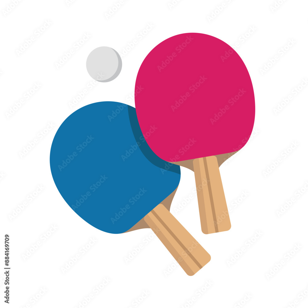 Two ping pong rackets placed one above the other and a ball, isolate on white, simple illustration, flat style, minimalism Two ping pong rackets placed one above the other and a ball, isolate on white, simple illustration, flat style, minimalism