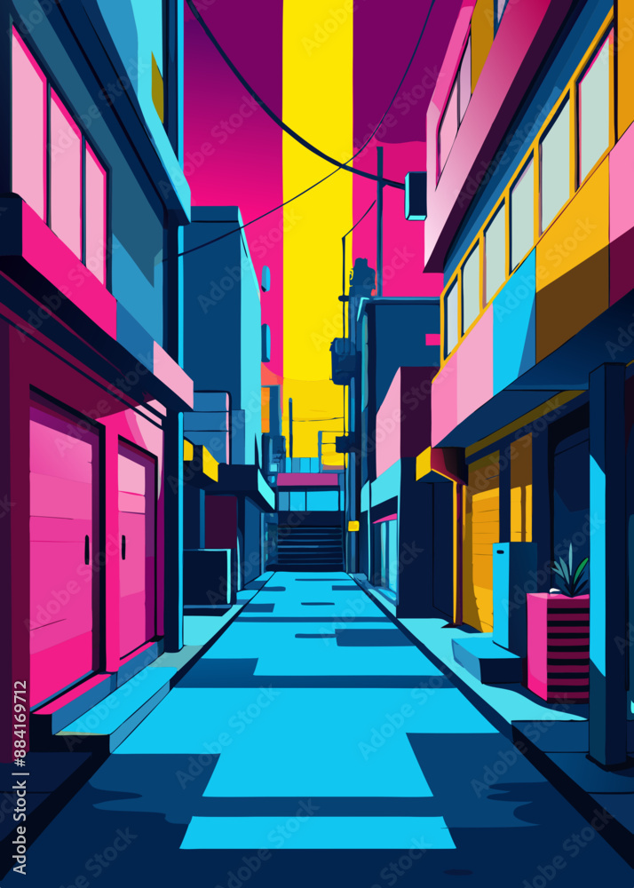 Calle oscura en la ciudad ciberpunk, callejón sombrío con iluminación de neón